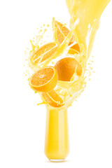 Flow of orange juice pour in drinking glass, levitate orange pieces, drops, splashes, white...