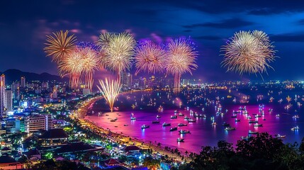 A breathtaking display of colorful fireworks lighting up the night sky over Pattaya Beach during the International Fireworks Festival.
