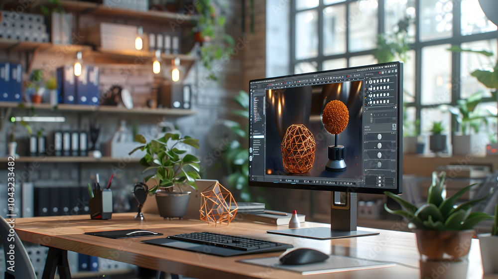 Poster computer monitor 3d interior design engineer architect blueprint on desk workspace in modern office 