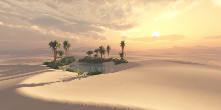 Oasis in the desert sand. Palm trees and a lake. 3d rendering.
