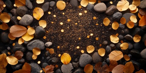 Fototapeta premium Beautiful autumn leaves and smooth stones creatively arranged to form a stunning natural background with warm and earthy tones.