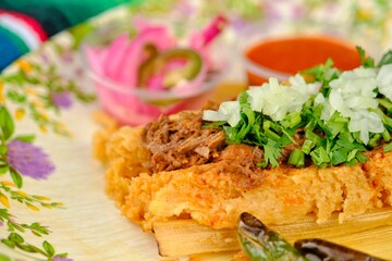 beef filling with onions and parsley prepared for a taco, with peppers, sauce and pickles around it