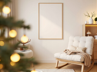 A4 poster in a wooden frame hanging on a white wall, with minimal furnitures and a decorated Christmas tree, blending Scandinavian elegance with cozy Christmas holiday aesthetics. Frame mockup.