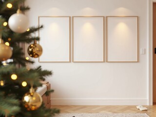 Three A4 posters in a wooden frame hanging on a white wall, with minimal furnitures and a decorated Christmas tree, blending Scandinavian elegance with cozy Christmas holiday aesthetics. Frame mockup.