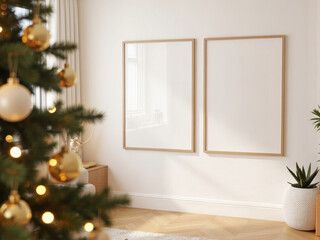 Two A4 posters in a wooden frame hanging on a white wall, with minimal furnitures and a decorated Christmas tree, blending Scandinavian elegance with cozy Christmas holiday aesthetics. Frame mockup.
