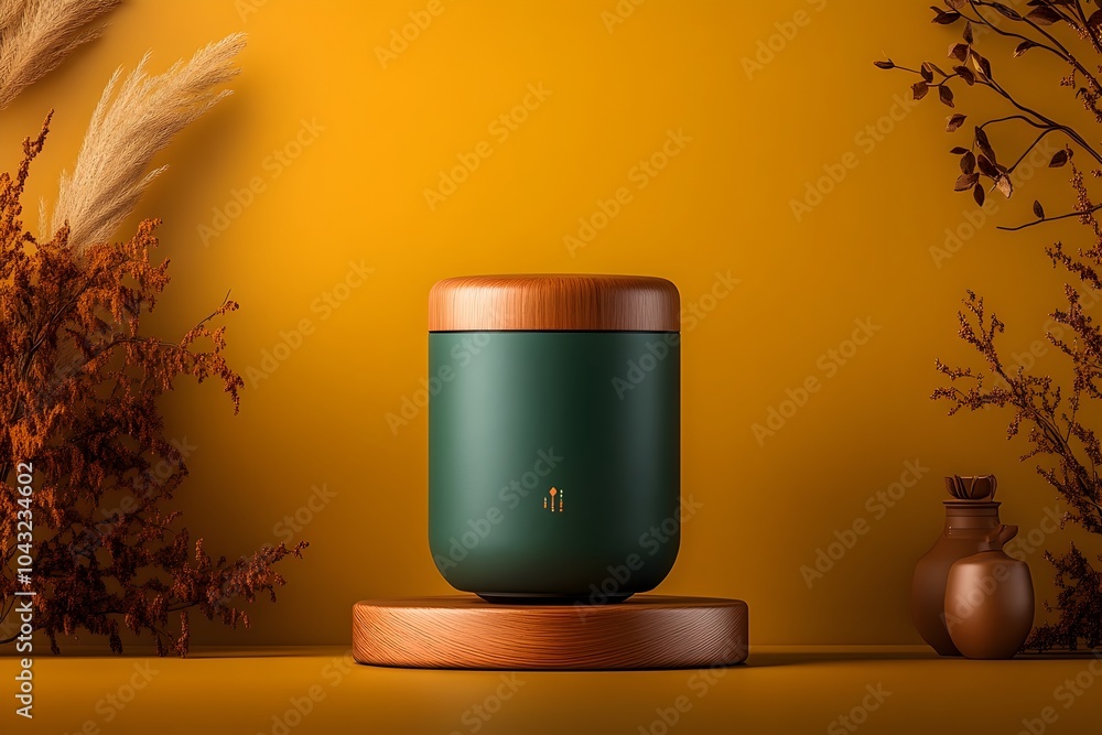 Poster sturdy round wooden display placed atop a table framed by a rich yellow background captured through 