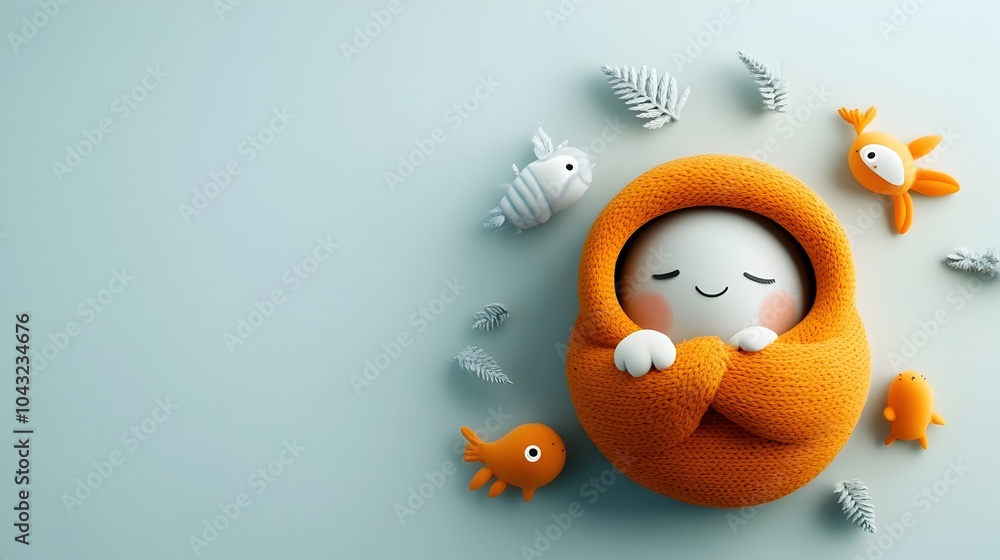 Poster cute and playful cartoon figure resting comfortably on a plain white backdrop rendered in a warm inv