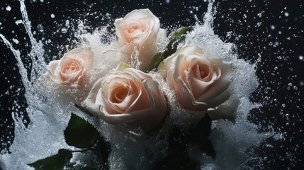Fototapeta premium Elegant roses in a captivating water splash showcasing beauty in motion against a dark background