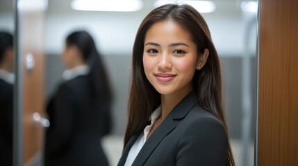 オフィス環境で自信と落ち着きを見せるビジネス服を着たプロフェッショナルな女性