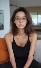 Obraz premium ライフスタイルメディア向けの、カジュアルな家庭環境の中で眼鏡をかけた思慮深い女性のポートレート