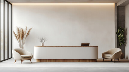 modern reception area with curved desk and natural decor