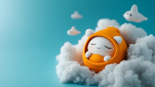 Magical cartoon character sleeping soundly on pristine white plane design with soft pastel hues and rounded features evoking whimsical tranquil dreamscape