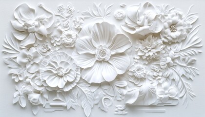 White 3D floral pattern on a white background.