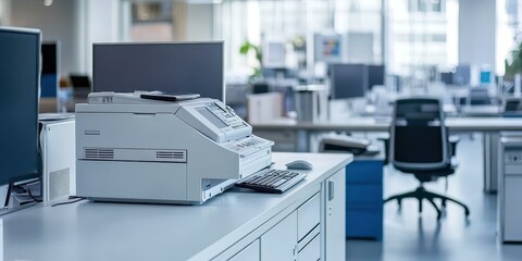 Modern Office Printer on Desk in a Bright Workspace