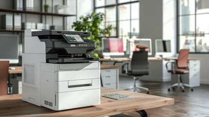 Modern Office Printer on Desk with Scanner and Copier Functions