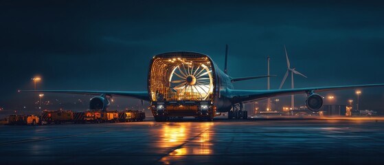 Cargo aircraft with open fuselage at night, showcasing large interior space, parked under dramatic lighting near wind turbines at an airport.