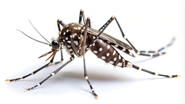 High angle view of Aedes aegypti mosquito pernilongo with white spots on a white background