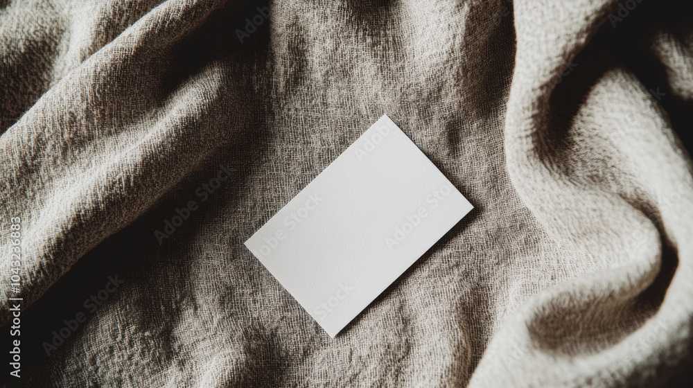 Aufkleber blank white name card rests on textured, patterned fabric, creating serene and minimalist compositio