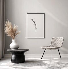Minimalist interior design featuring a chair and botanical artwork in a bright, airy room