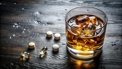 High angle view of alcohol abuse with glass of whiskey with ice and pills