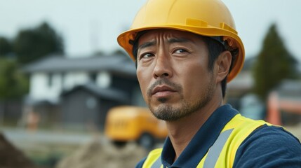 現場でヘルメットと安全ベストを着用した建設作業員