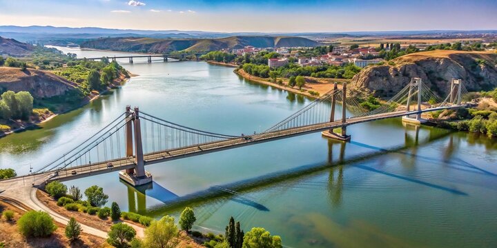 High angle view of Amposta suspension bridge with Ebro River flowing below