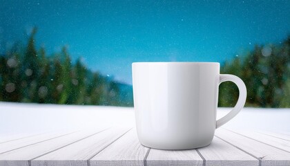 Obraz premium Relaxing image of a warm mug of coffee against a wintery landscape