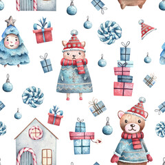 Square seamless pattern with cute winter holiday characters, animals, pile of gifts, ornaments. Holiday pattern for textile design, gift wrapping paper, children decorations