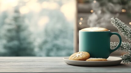 Fototapeta premium Festive Christmas scene with a steaming mug of freshly brewed coffee and a plate of homemade holiday cookies creating an intimate and comforting mood with cinematic lighting nostalgic film grain