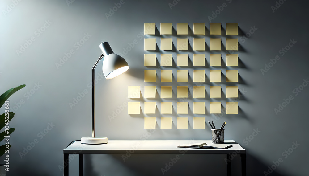 Poster creative workspace inspiration organizing ideas with sticky notes and light for enhanced productivit