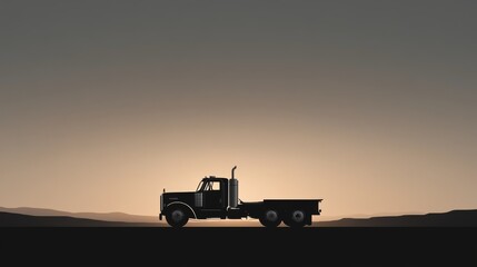 Fototapeta premium A black semi-truck is silhouetted against a sunset sky.