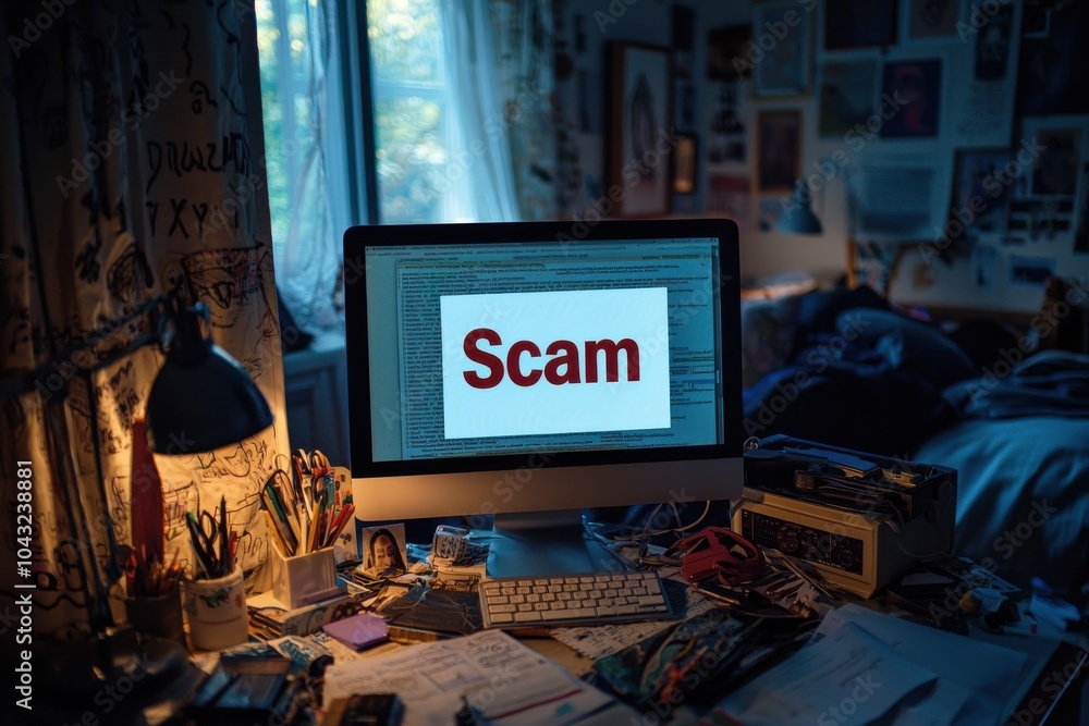 Poster computer screen displaying a scam email on a cluttered desk in a dimly lit room emphasizing cyber th