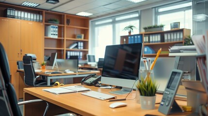 Modern Office Interior Design: Desk Setup with Computer Monitor and Office Supplies