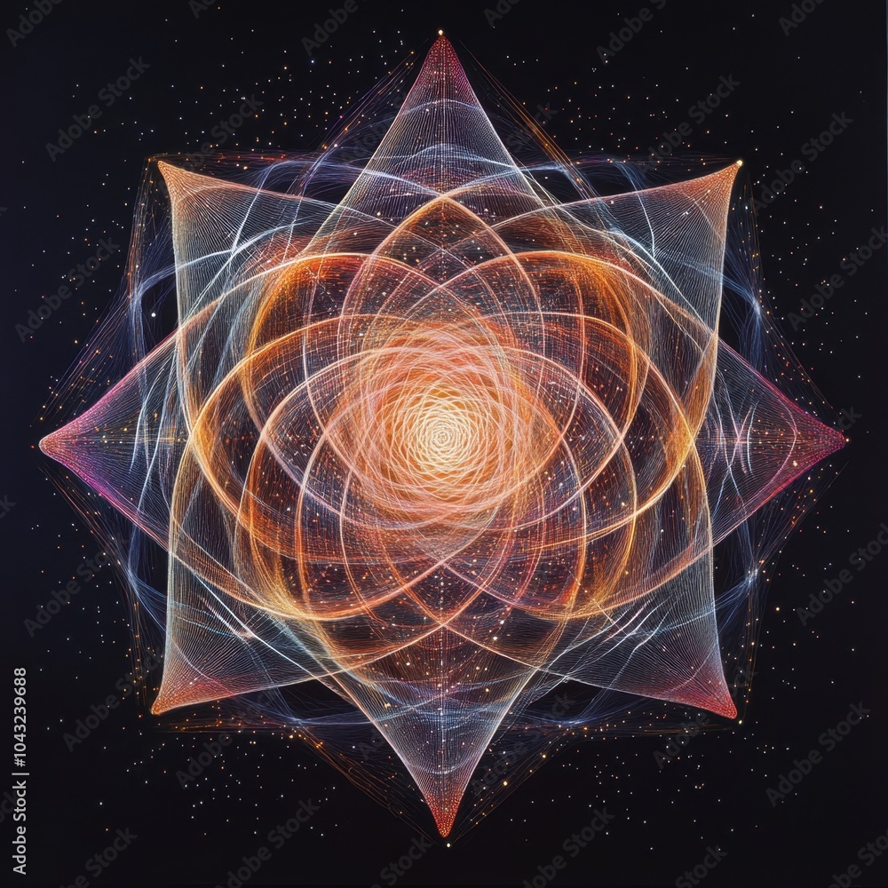 Poster intricate cosmic patterns blend colors and shapes, creating a mesmerizing illusion of luminous energ