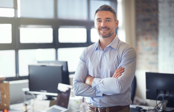 Portrait, confidence and happy businessman in office with company experience, smile and pride for career. Face, arms crossed and mature expert manager, professional and financial broker in Finland