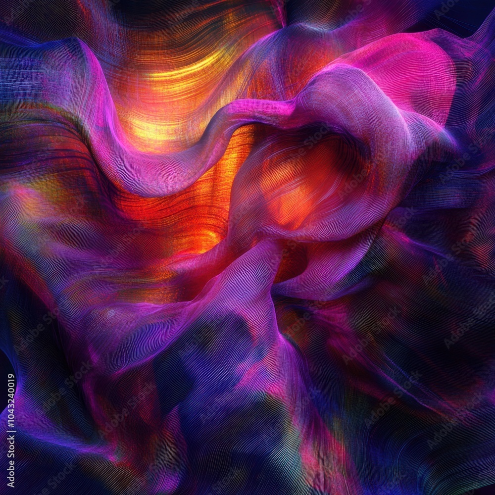 Poster vibrant abstract swirls create an enchanting dance of colors in a surreal digital artwork at twiligh