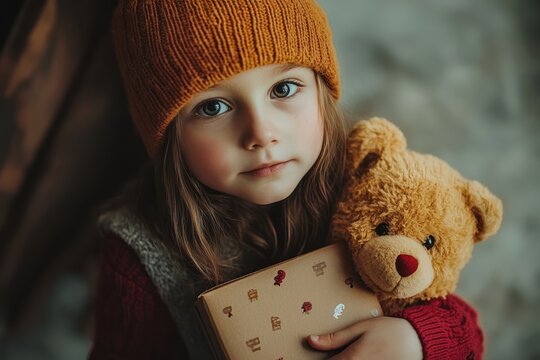 closeup portrait of Cute little girl hugging a teddy bear on winter day. Safe Toys and Gifts Month concept