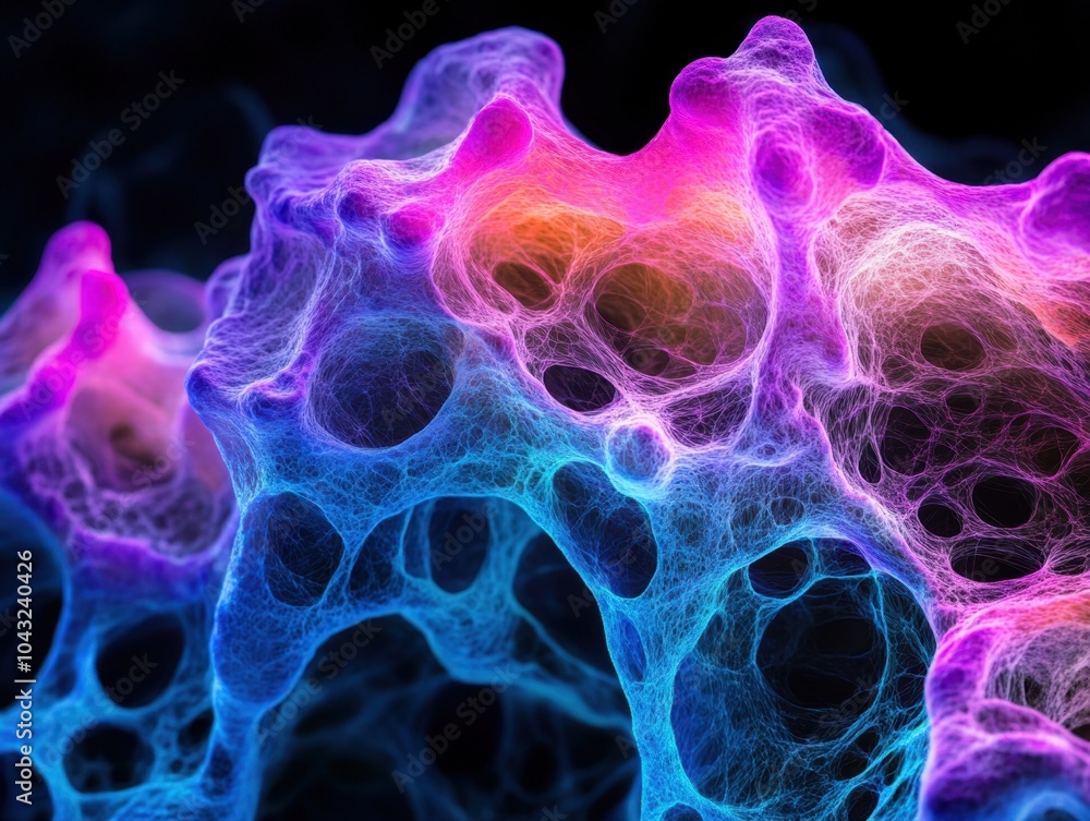Poster vibrant abstract representation of cellular structures illuminated by ethereal light in a dark backg