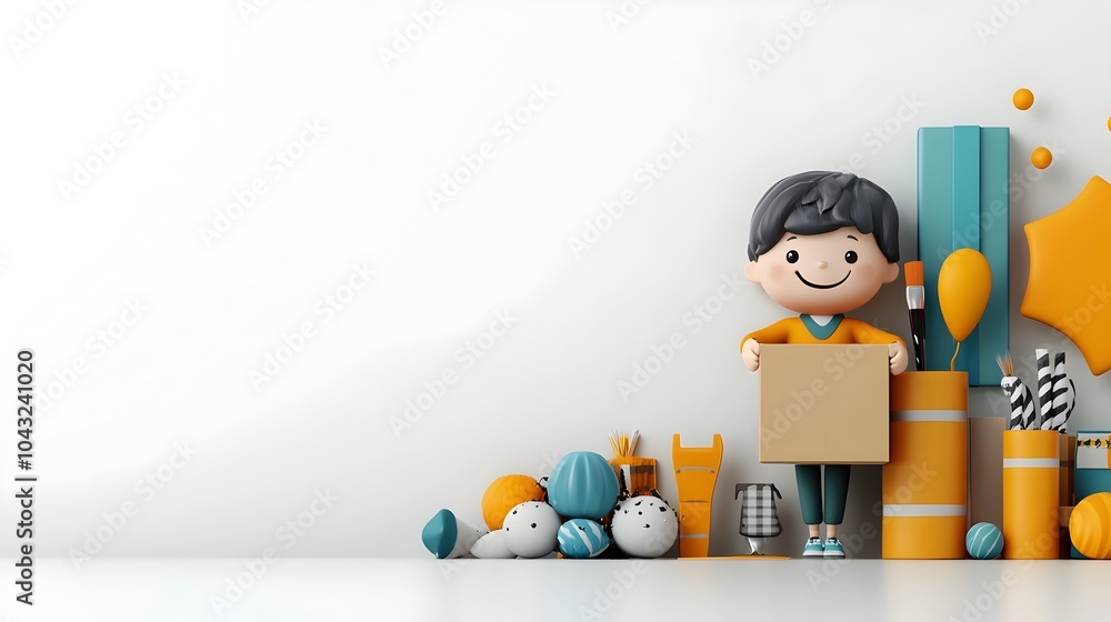Poster lighthearted 3d animated figure embracing a simple cardboard box with a joyful expression set agains