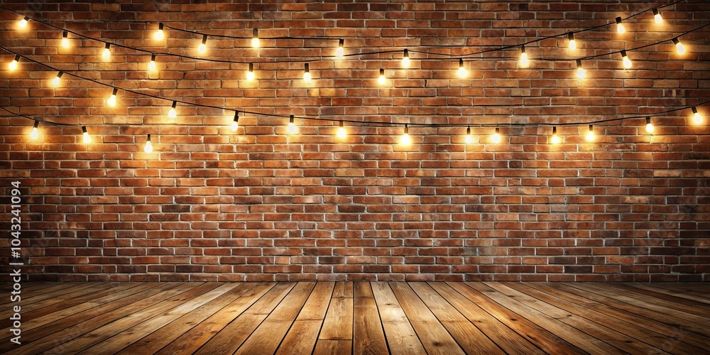 Poster high angle view of brick wall with string lights and wooden floor