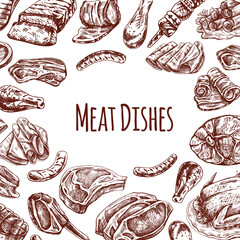 Meat  menu template in engraved vintage style. Hand-drawn sketches of barbecue meat pieces. Background for meat restaurant..