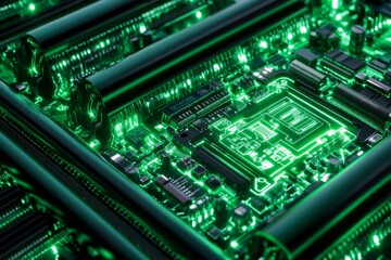 Fototapeta premium Close-up of a green glowing circuit board with multiple chips and components.