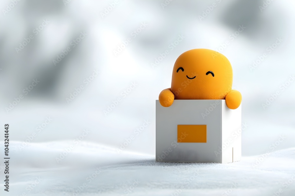 Poster endearing animated figure joyfully embracing a simple cardboard box in a pristine all white environm