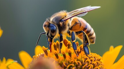 Fototapeta premium A Busy Honeybee Pollinating Vibrant Helenium Flowers in a Lush Summer Garden