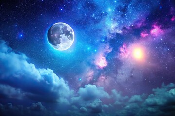 High angle view of bright blue and purple lights in milky way sky with shadowed moon and flare