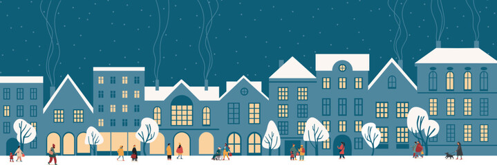 Christmas city panorama with happy people walking on street on winter holidays. European Old town at Xmas eve with cozy buildings.
