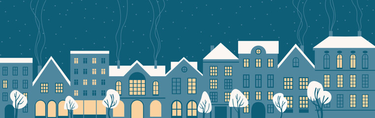 Naklejka premium Christmas city panorama on winter holidays. European Old town at Xmas eve with cozy buildings. Snowy cityscape.