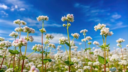 High angle view of buckwheat flower with blue sky
