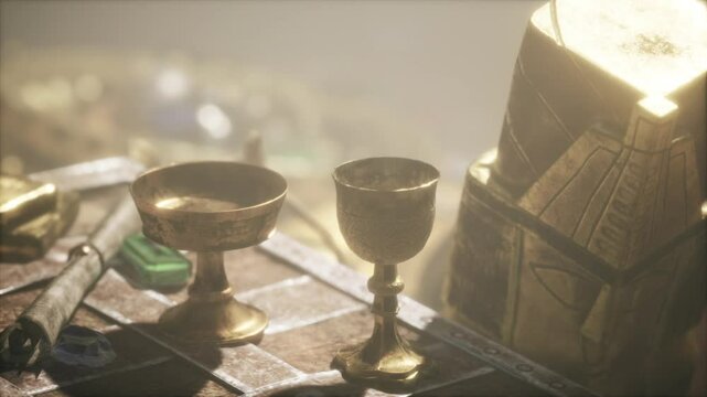 A hidden chamber reveals an array of golden treasures, including ornate goblets and mysterious artifacts, illuminated by soft, flickering light.