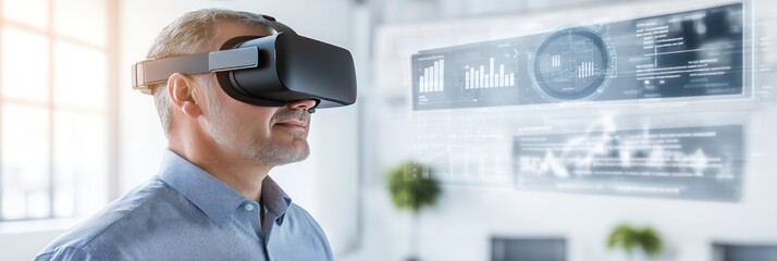 A man wearing a VR headset, engaged with digital data in a modern workspace.